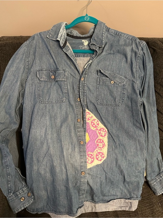 Ocean + Coast Tops - Repurposed Jean shirt with quilt patches.